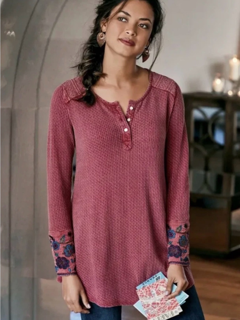Waffle Knit Henley Tunic with Embroidered Cuffs - Dusty Rose